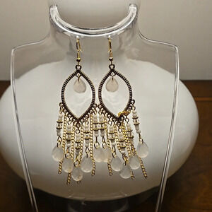Bohemia White Beaded Waterdrop Dangle Earrings Handmade Beaded Tassel Hollow